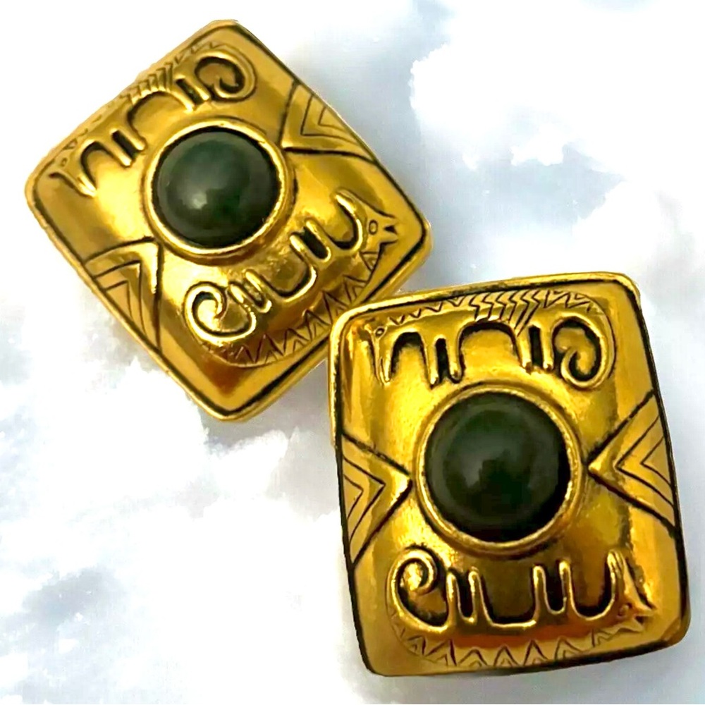 1980’s Laurel Burch Vintage Tribal Green Stone Cabochon Clip On Earrings